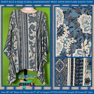 GUC L BLUE & BEIGE FLORAL HANDKERCHIEF PRINT ASYM HEM FLARE SLEEVE TUNIC